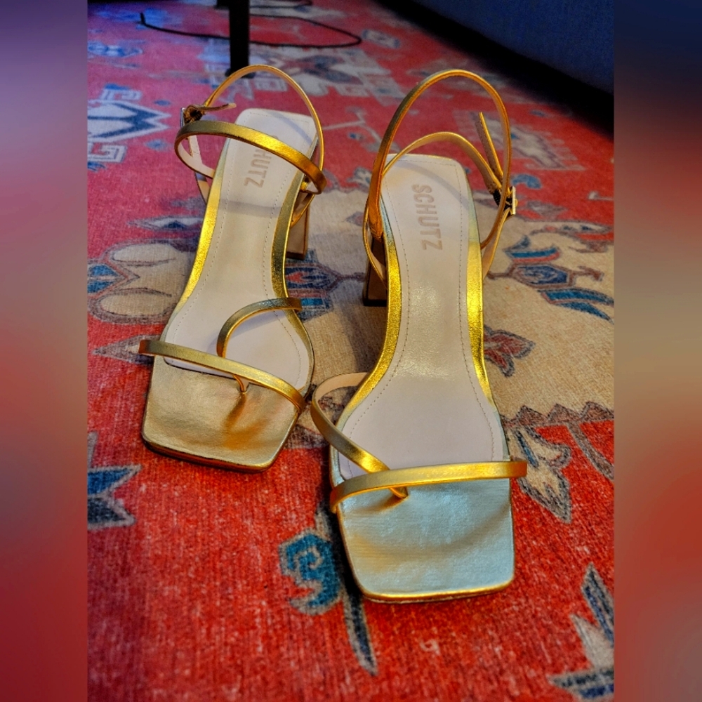 Shutz gold metallic high heel sandal